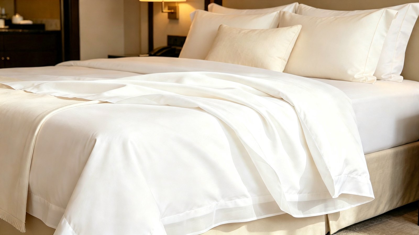 White bedding draped across a bed with layered pillows.