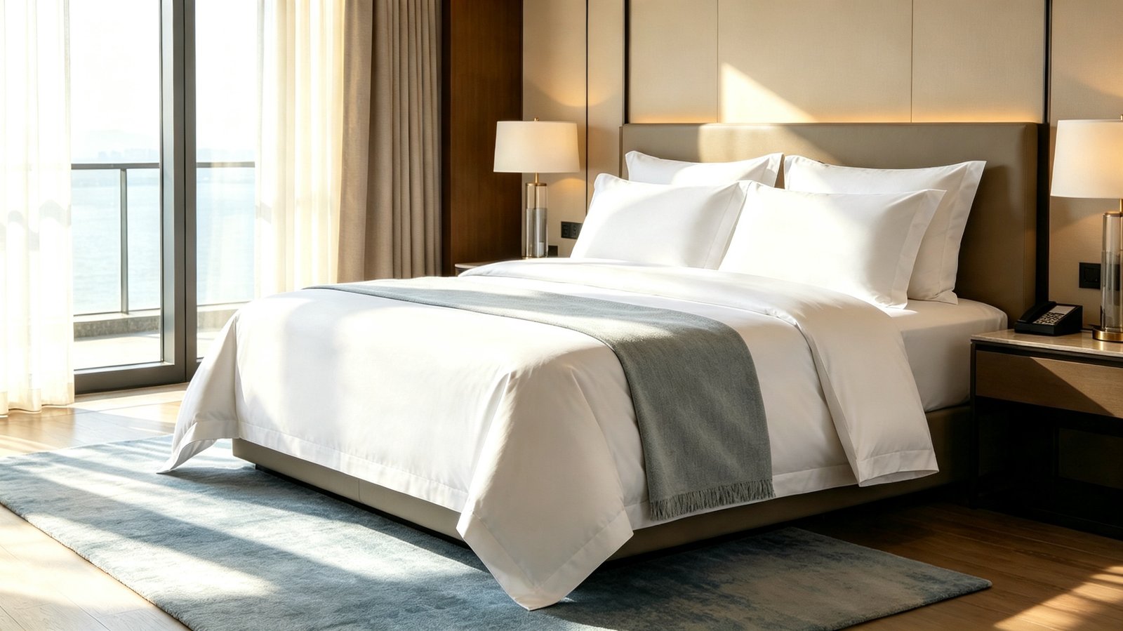 Contemporary hotel room with a made bed, white bedding, and layered pillows.